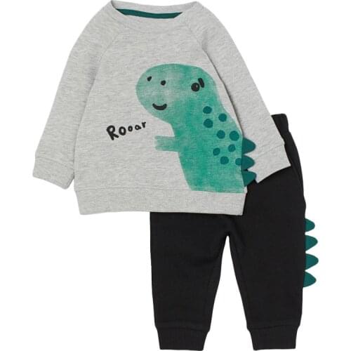 Kids 2021 Autumn Fall Clothes for Toddler Boys Children Dinosaur Print Set Gray Sweater + Black Pants
