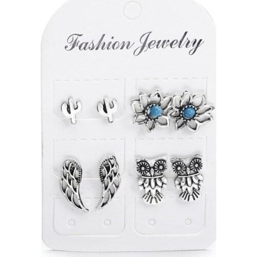 4Pcs/set Charm Plant Cactus Flower Earrings Fashion Jewelry Classic Silver Color Alloy Angel Wings Owl Earring For Women Brincos