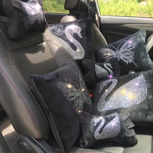 Bling Rhinestone Crystal Car Neck Pillow Waist Support Diamond Auto Headrest Pillow Car Interior Accessories for Girls Women