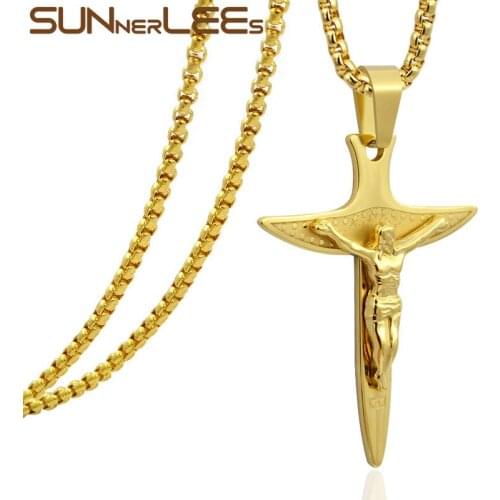 SUNNERLEES Stainless Steel Jesus Christ Cross Pendant Necklace Link Chain Silver Color Gold Plated Men SP214