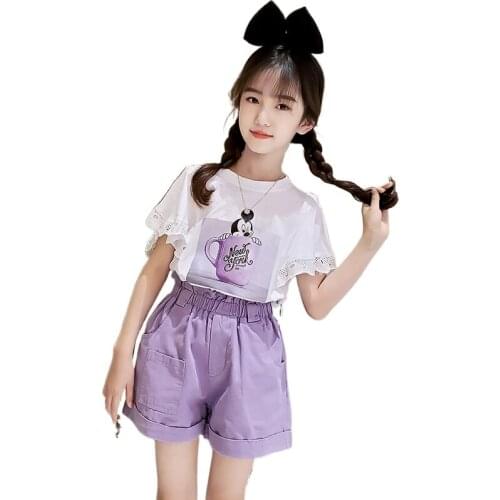 Kids Girls Fashion Cartoon Print T Shirts and Shorts Two Piece Set Bat Sleeve Summer Children Streetwear Princess Party Outfits