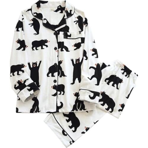 Spring&Summer Men And Women Lovers Cute Cartoon Bear Print Homewear Comfort Cotton Couple Sleepwear Turn-Down Collar Pajamas Set