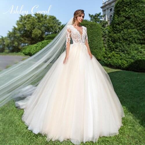 Ashley Carol A-Line Wedding Dress 2021 Long Sleeve Illusion Beaded Appliques Sexy V-neck Bridal Gown Customized Vestido De Noiva