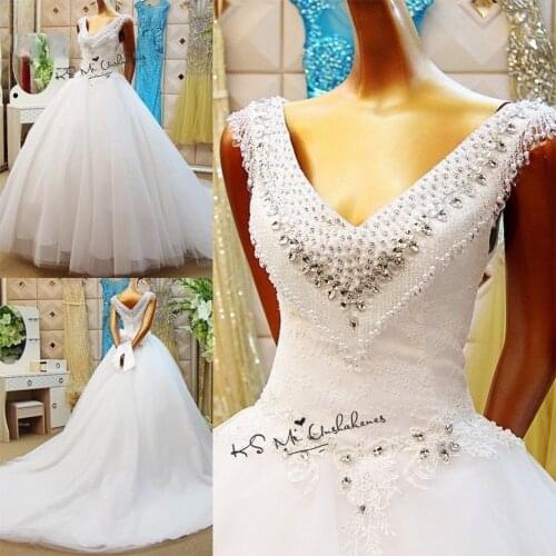 Gelinlik Cheap Wedding Dress 2020 Vintage Wedding Gowns Crystals V Neck Lace Princess Bride Dresses Plus Size Bow Casamento