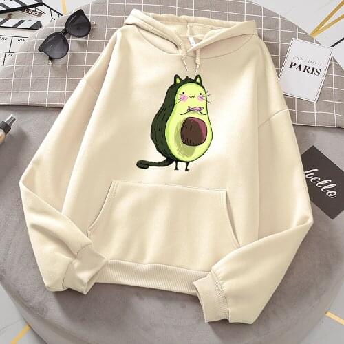Kawaii Avocado Cat Printing Hoodie Women Fashion Street Clothing Crewneck Pullover Fleece Hooded Autumn Loose Sweatshirt Female