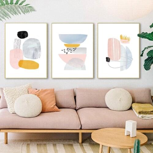 Pink and Blue Abstract Shapes Painting Canvas Print Modern Scandinavian Pastel Wall Art Pictures Nordic Poster Living Room Decor