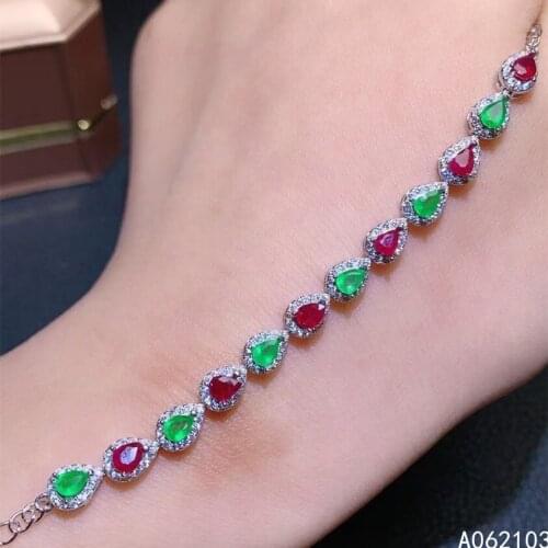 KJJEAXCMY fine jewelry 925 sterling silver inlaid natural emerald ruby women luxury classic water drop gem hand bracelet support