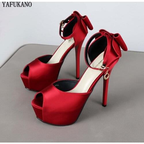 Red Bride Wedding Pumps Satin Butterfly-Knot Middle Hollow Womens Sandals Peep Toe Platform Thin Heels Sexy Lady High Heels 14cm
