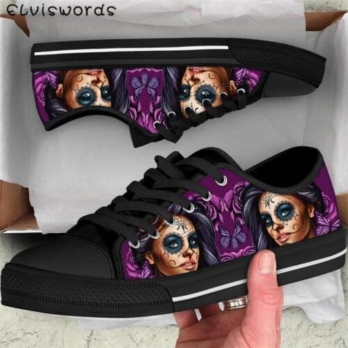 ELVISWORDS Gothic Skull Girl 3D Print Vulcanized Shoes Canvas Women Breathable Lace-up Flats Low Top Sneakers for Students Girls