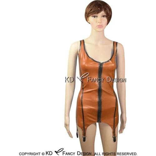 Golden With Black Sexy Latex Top Tank Shirt Rubber undershirts Top Singlet With Garters Backless And Front Zipper YF-0034