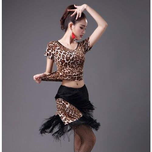 Latin Dance Costume Short Sleeved Shirt Leopard Tassel Skirt Sets Standard Adult Gymnastic Dance Costumes Tops Black Red S-5XL