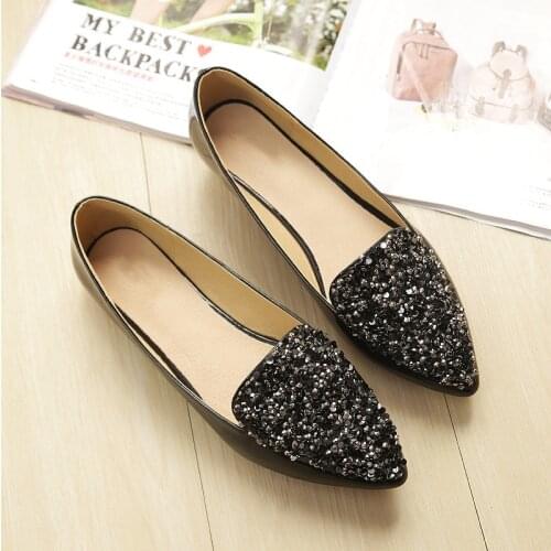 Ladies Summer Breathable Shoes Sequins Loafers Pointed Slip-on Leisure For Driving Big Size 34-43 Women Black Flats Shoes