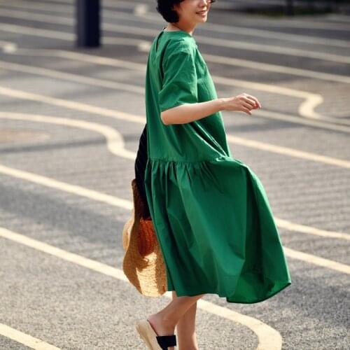 MICOCO Q9077C Literary and artistic contracted temperament pure color loose draw pleats in long round collar short sleeve dress