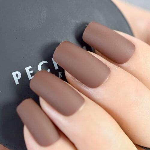 Fashion Candy Brown Matte Fake Nails Flat Top False Nails Acrylic Nails Tips Full Cover Manicure Tools