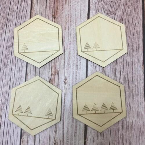 Set of 4 hexagon shape engrave on wood cup wood coaster