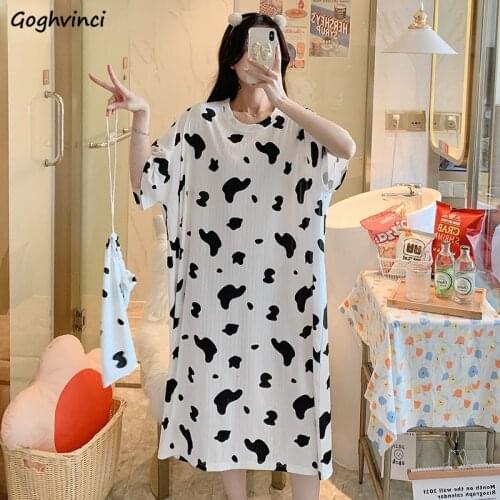 Nightgowns Women Cow-printed O-neck Loose Soft Sleepwear Half Sleeve Simple Kawaii Leisure Home Clothing Female Students Lady