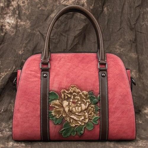 Retro Genuine Leather Bags for Women 2021 Winter Leisure Luxury Handbags Floral Cowhide Large Capacity Shoulder Bags Sac A Main