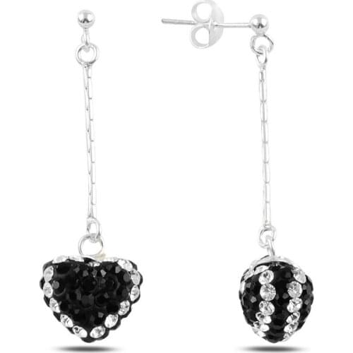 Silver 925 Sterling Dangle Heart Crystal Stone Earrings