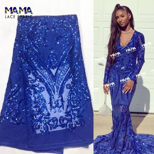 5 Yards Royal Bule Sequins Net Laces Guinea Embroidered Guipure Sequined Tulle Mesh Fabrics For Wedding Bride Dress Sewing