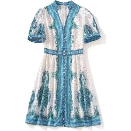 European and American womens wear for summer 2021 Short sleeve v-neck Blue polka dot print Fashion dress