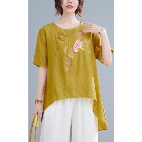 Women Cotton Linen Casual T-shirts New Arrival 2021 Summer Arts Style Vintage Floral Embroidery Loose Female Tops Tees B073