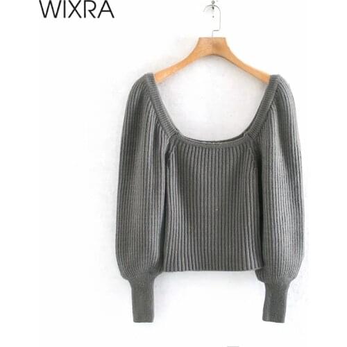 Wixra Womens Sweaters French Deep U Collar High Street Lantern Sleeve Autumn Winter Pullovers Tops Femme Party Jumpers