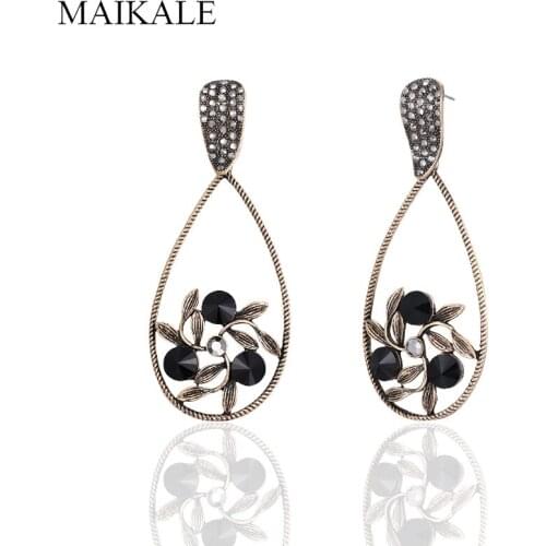 MAIKALE Vintage Dangle Water Droplets Alloy Hanging Hollow Leaf Inlay Rhinestone Drop Earring for Women Jewelry Classic Gifts