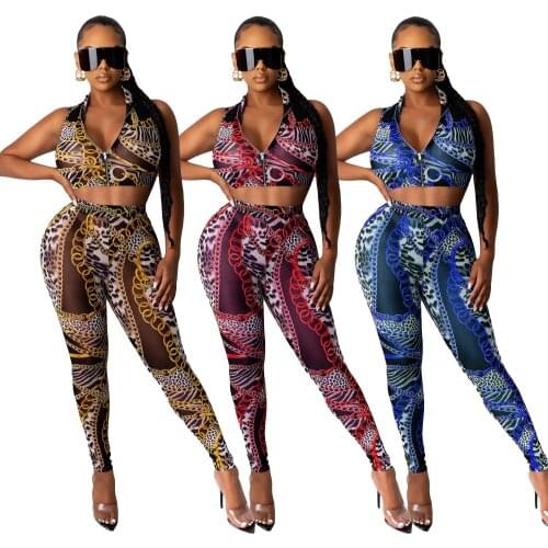 30M7347 Autumn Winter Women Casual Fashion Transparent Iron Chain Print Two Piece Set Top and Pants Tracksuit Sweatsuit Outfits