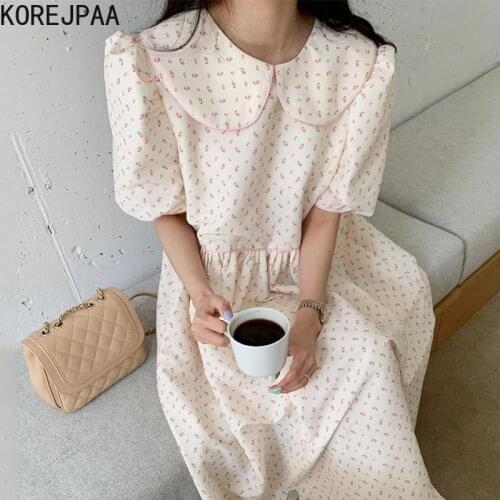 Korejpaa Women Dress 2021 Summer Korean Chic Girls Gentle Sweet Doll Collar Full Screen Floral Design Waist Puff Sleeve Vestidos