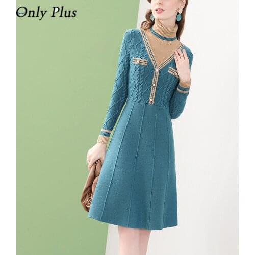 Blue Knitted Warm Sweater Dresses 2021 New Design Patchwork Turtleneck Twist A-Line Elegant Dress For Women Fashion Slim Clothes