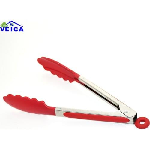 1 Piece 25cm Red BBQ Tongs Plastic Cover Handle Kitchen Tongs Lock Design Barbecue Clip Clamp Stainless steel Food Tongs