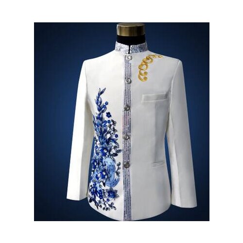 Singer dance sequins men embroidered suit set with pants mens wedding suits fashion groom formal dress stand collar stage white