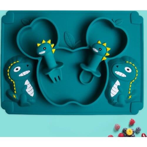 Baby Training Feeding Food Bowl Anti Slip Cartoon Dinosaur Silicone Suction Divided Plate Tray Utensil BPA-Free Dishes