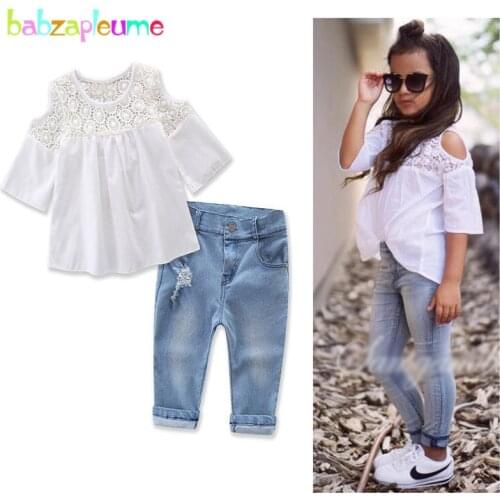 Babzapleume spring summer baby girls outfits t-shirt+denim jeans korean kids clothes for children clothing sets 2pcs suit BC1492