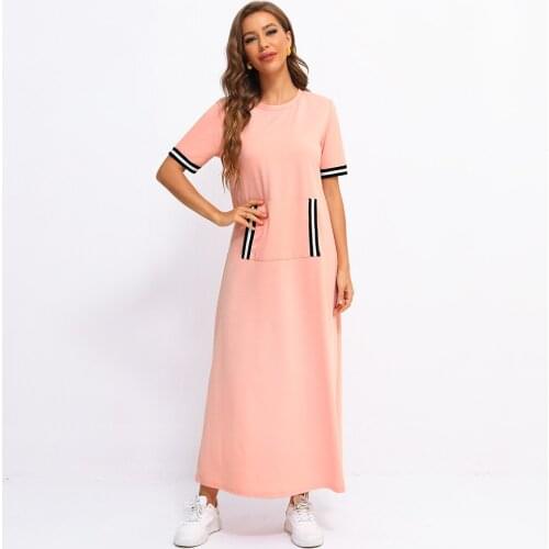 Fridayin Summer Chic Comfortable Round Neck Long Dress Patch Pocket Design Loose Solid Color Vestidos