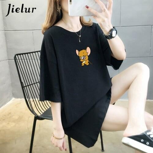 Jielur Summer Basic 7 Colors Womens T-shirt O-neck Loose Casual Top Female Short Sleeve Cute Mouse Print Cartoon T-shirts M-XXL
