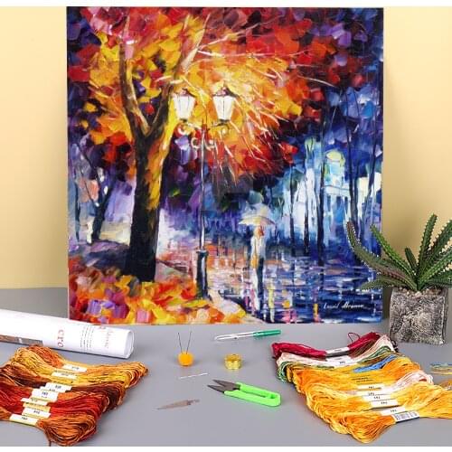 Oil Painting Style Fire Tree Printed Fabric 11CT Cross Stitch Kit Embroidery DMC Threads Handicraft Handiwork Craft Jewelry