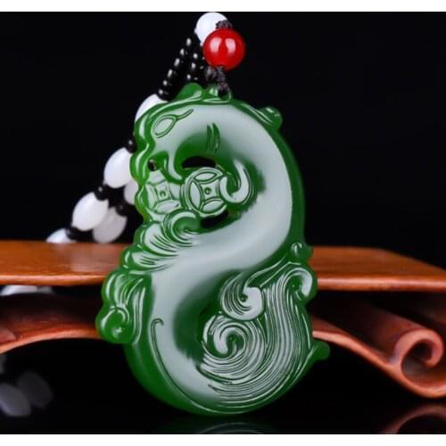 Chinese Green Jade Dragon Phoenix Jade Pendant Jewelry Lucky Auspicious Amulet Jade Necklace Pendants Jade Fine Jewelry