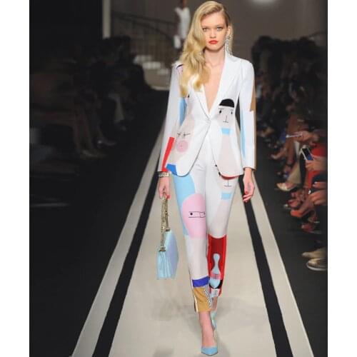 New Designer High Quality Runway White Two-piece Suit One Button Jacket Blazers Feet Pants Abstract Art Dyeing Suit Women 2019