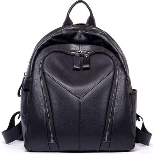 Fashion Teenage Girls Female Genuine Leather School Backpack Youth Women Casual Black Travel Bag Zippers Multi-Purpose Backpacks