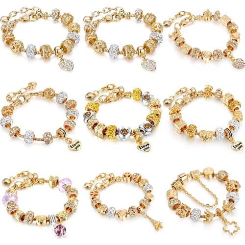New Lobster clasp bracelet with gold colors charms couple bracelet & bangle fashion jewelry pendant bead women gift