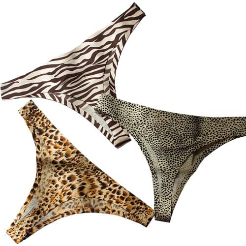 Sexy Thong Thin Soft Breathable Ice Silk Leopard Underwear Panties Womens Seamless T-back Low-rise Erotic Lingerie G-strip