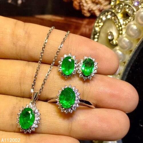 KJJEAXCMY fine jewelry natural Emerald 925 sterling silver women gemstone pendant earrings ring set support test elegant