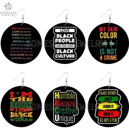 SOMESOOR Black History Powerful Sayings Printed Wooden Drop Earrings African American HBCU Inspired Loops Dangle For Women Gifts