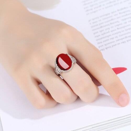 FYJS Unique Silver Plated Oval Shape Red and Green Agates Resizable Finger Ring Fashion Jewelry