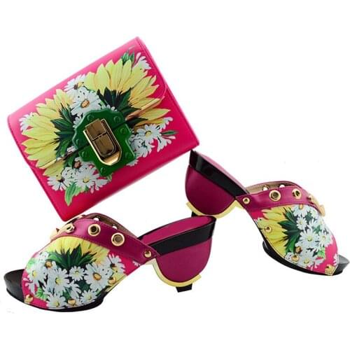 Gorgeous fuchsia ladies pumps african shoes match handbag set and prints flower for dress GL01,heel 7.5CM