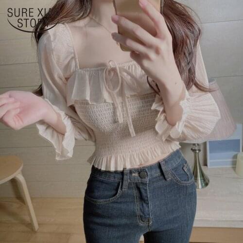 Vintage Square Collar Sweet Puff Sleeve Women Blouse Shirts Elegant Slim Waist Ruffles Female Blouse White Tops Blusas 10094