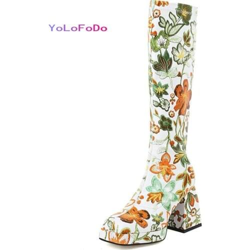 Plus Size 43 Women Knee High Boots Platform Thick High Heel Ladies Boots PU Leather Embroider Slip on Womens Boots White Green