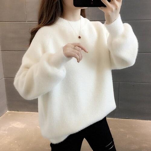 Winter Imitated Mink Womens Sweater Round Collar Long Sleeve Pullover Knitted Solid Loose Thick Fashion Casual Sweater