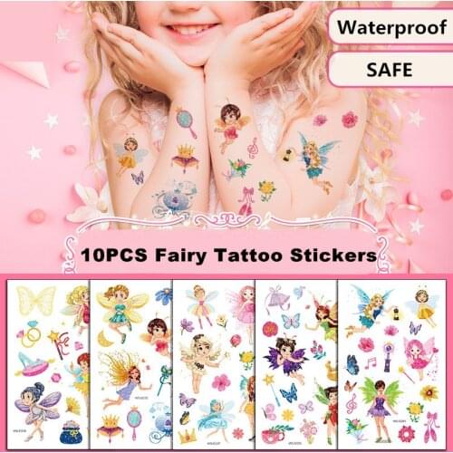 10Pcs Childrens Tattoo Sticker Cartoon Lovely Fairy Princess Butterfly Flash Powder Waterproof Body Face Kids Temporary Tattoos